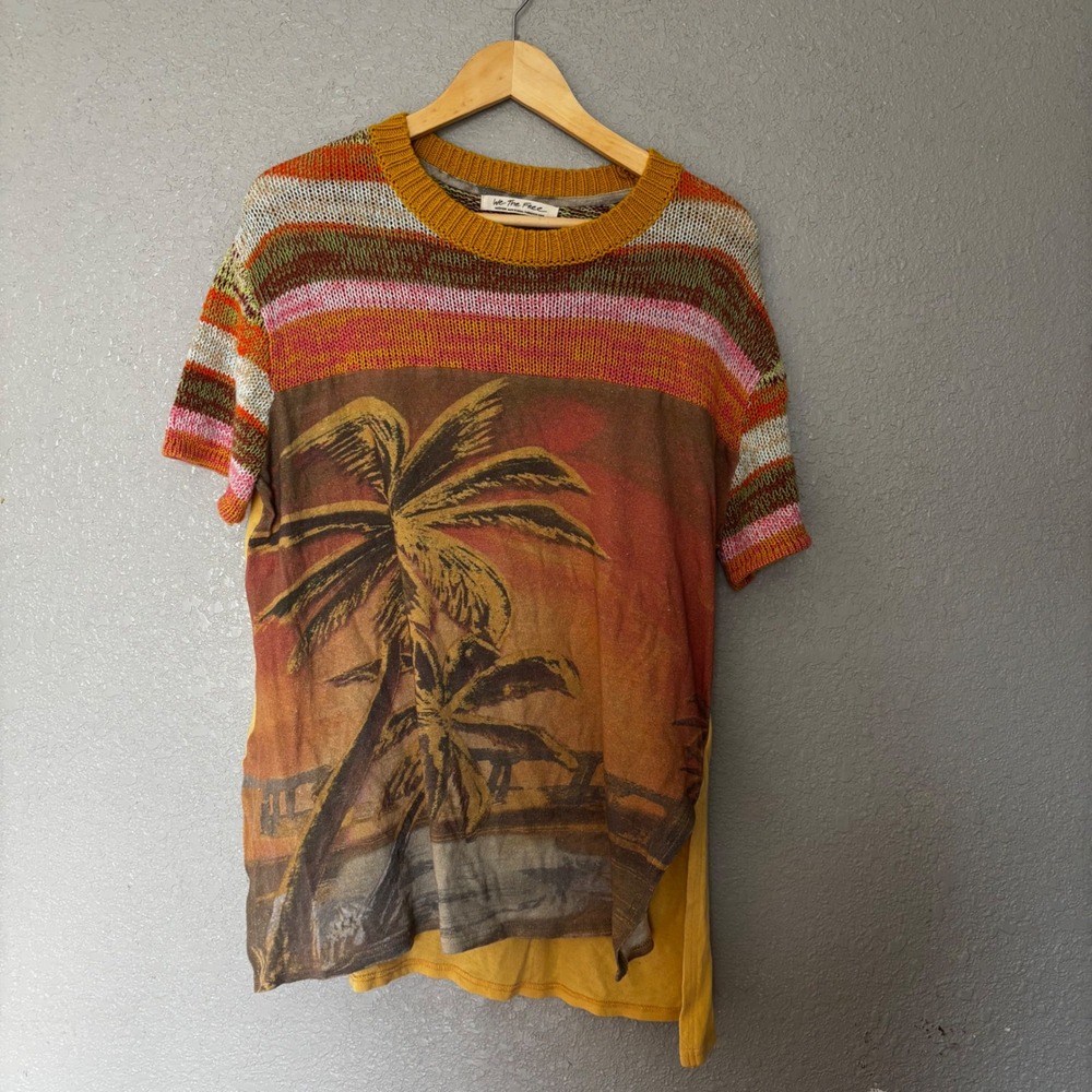 We‎ The Free Palm Tree Sunset Knit Sweater Top Mustard Orange Pink Stripe Boho